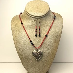 Red Seed Bead Necklace With Earrings